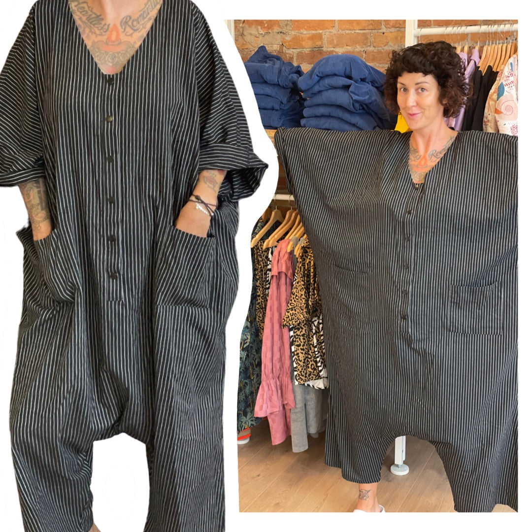 Sack Jumpsuit - Black Pin Stripe