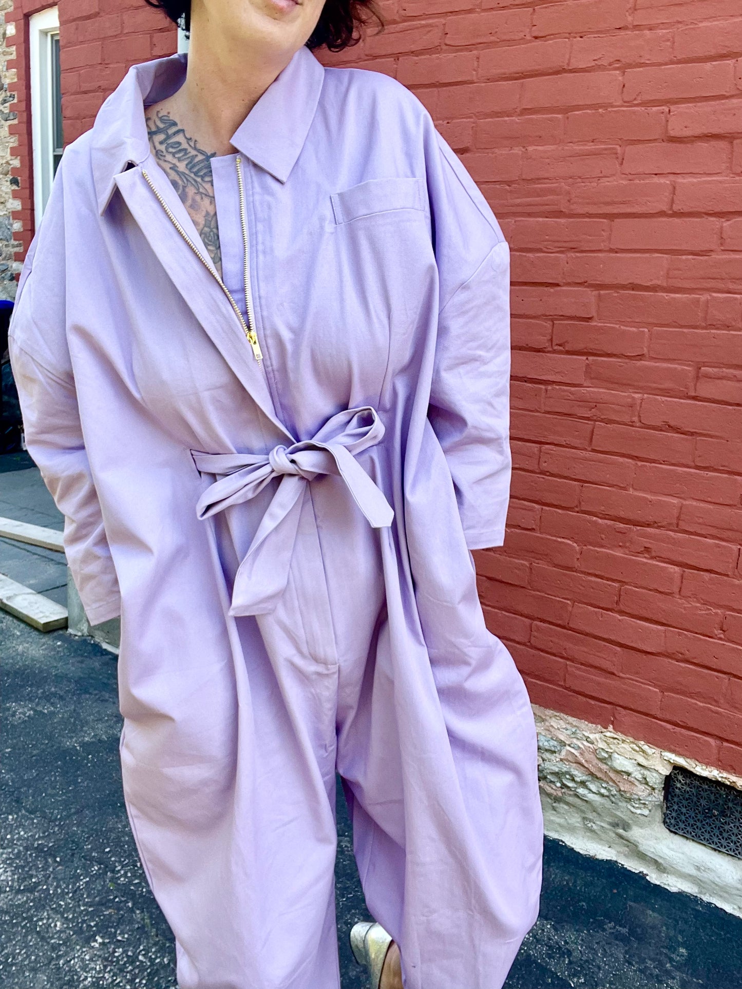 Belted Square Jumpsuit - Lilac