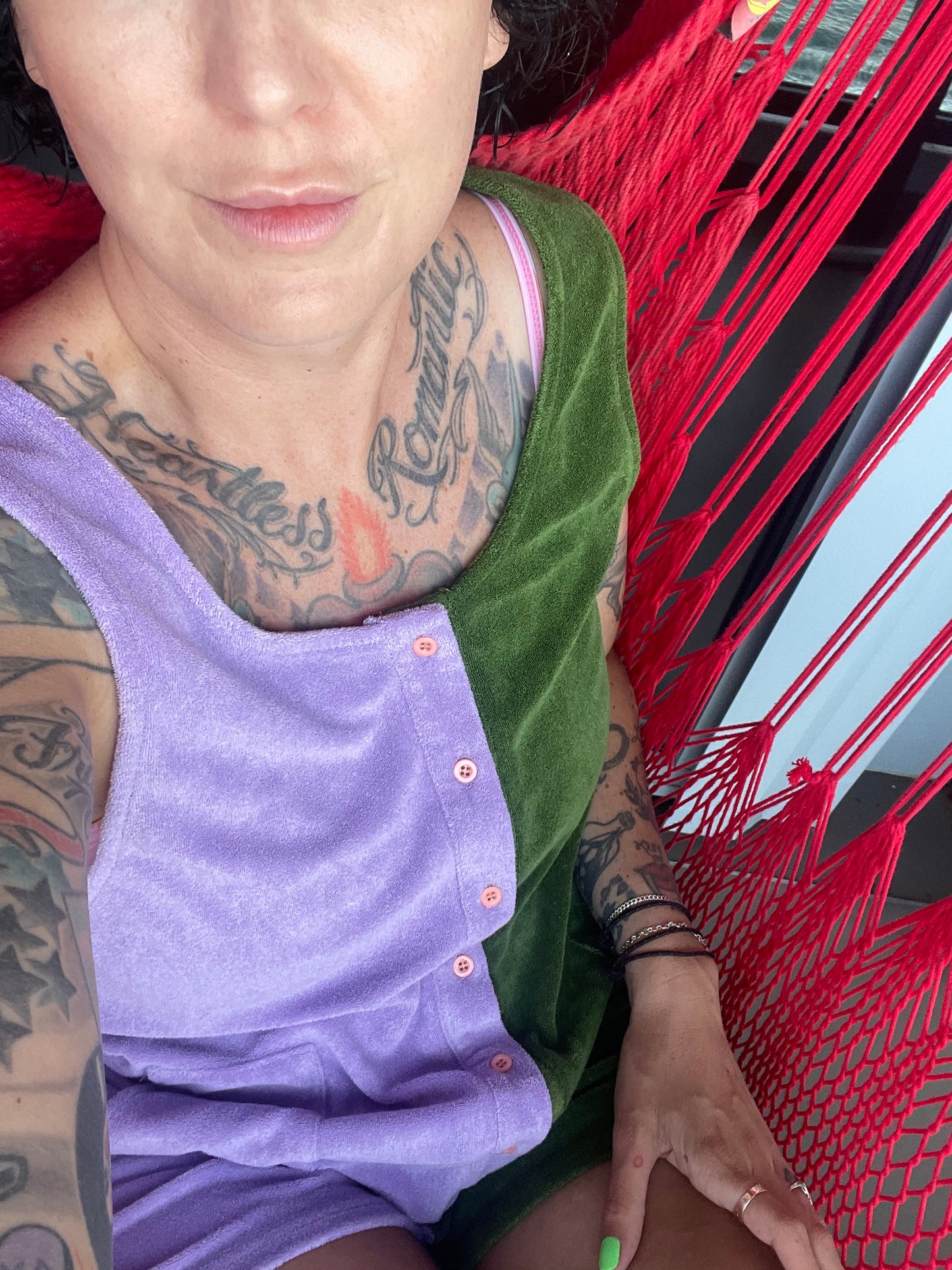Terry Short Overalls - Purple & Green