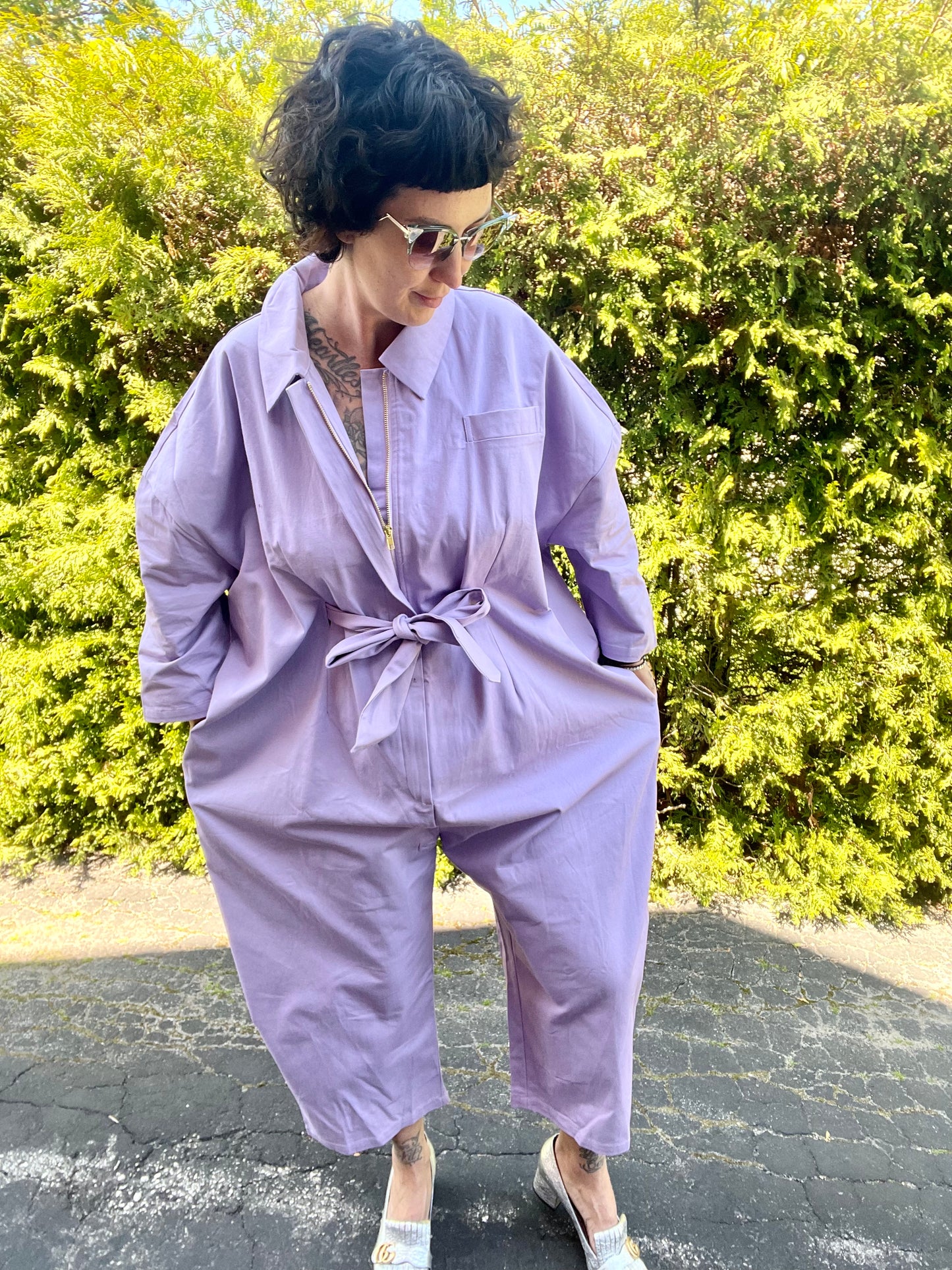 Belted Square Jumpsuit - Lilac