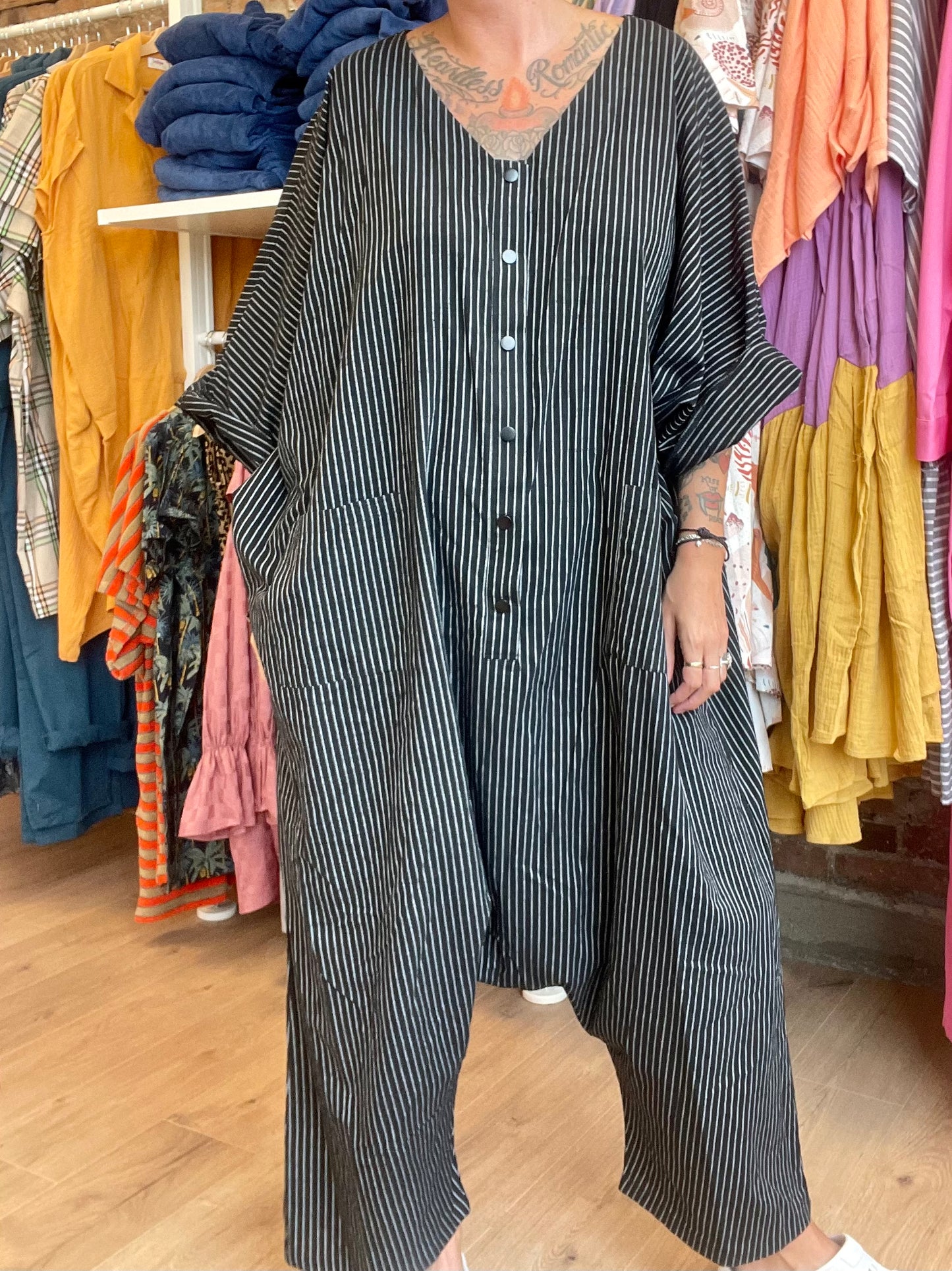 Sack Jumpsuit - Black Pin Stripe