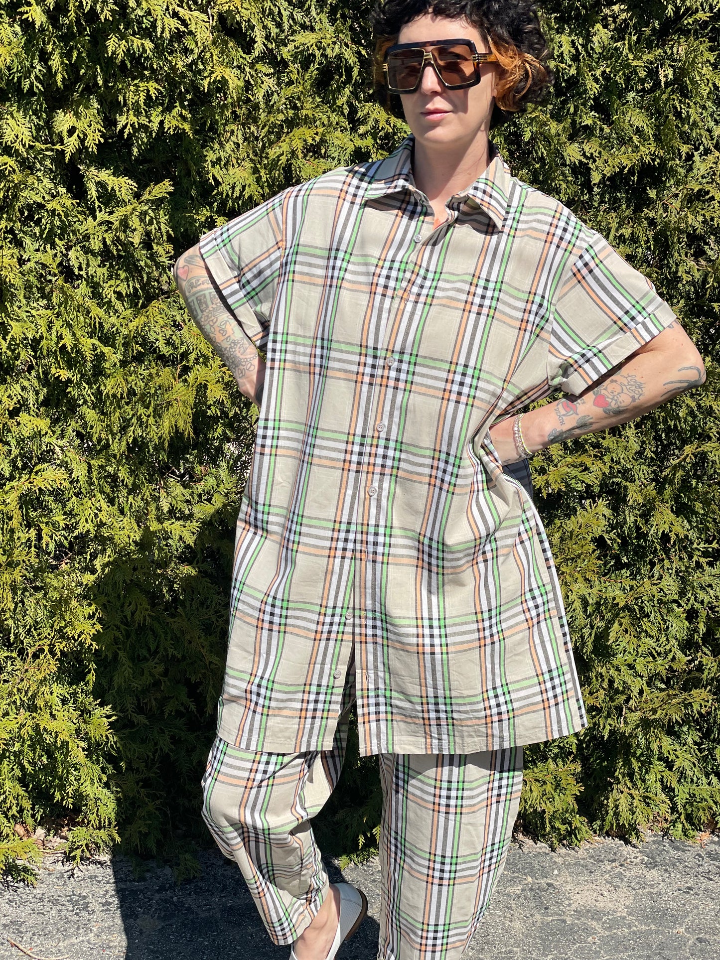 Short Sleeve Shirt Dress - Plaid