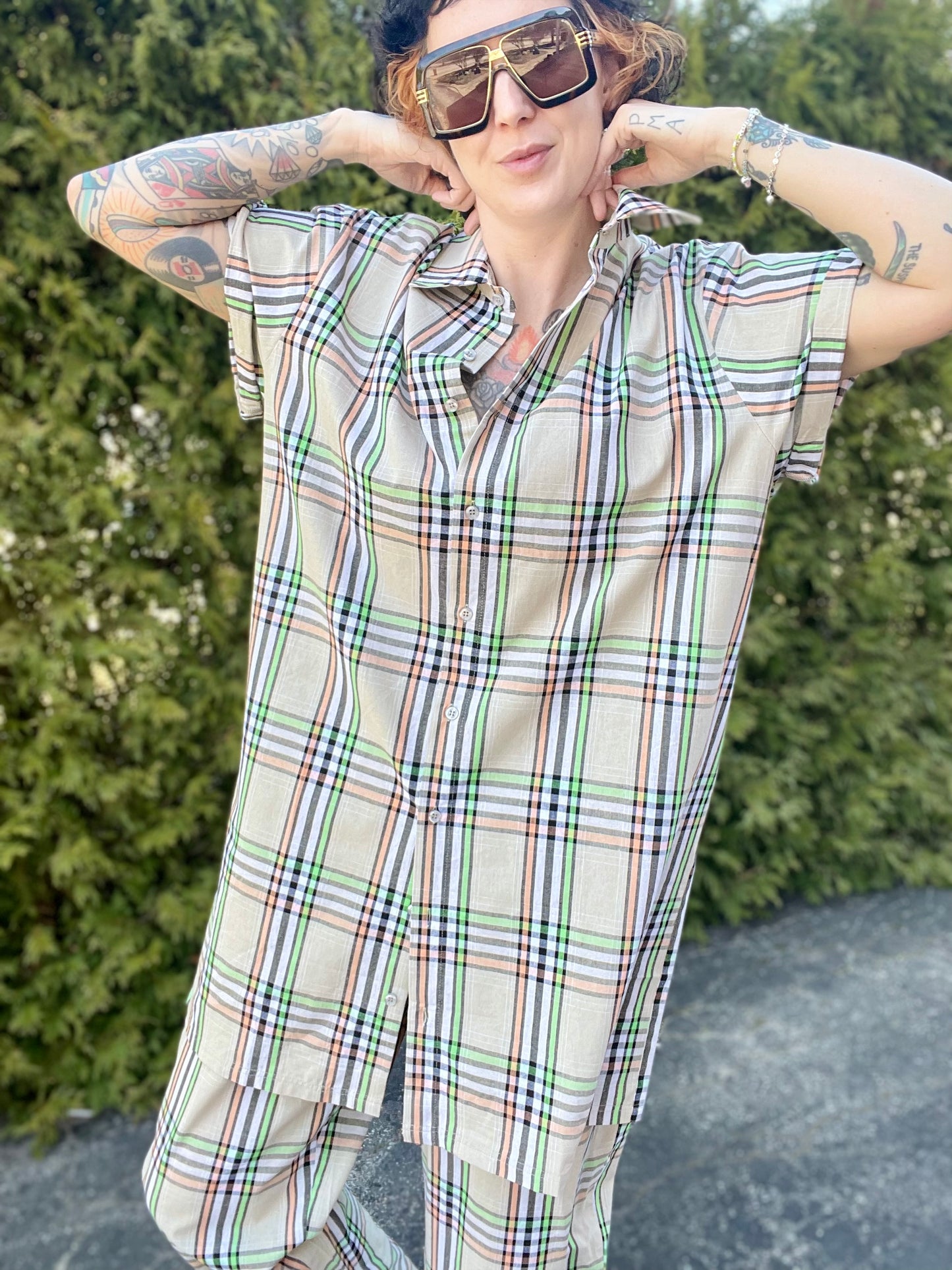 Short Sleeve Shirt Dress - Plaid