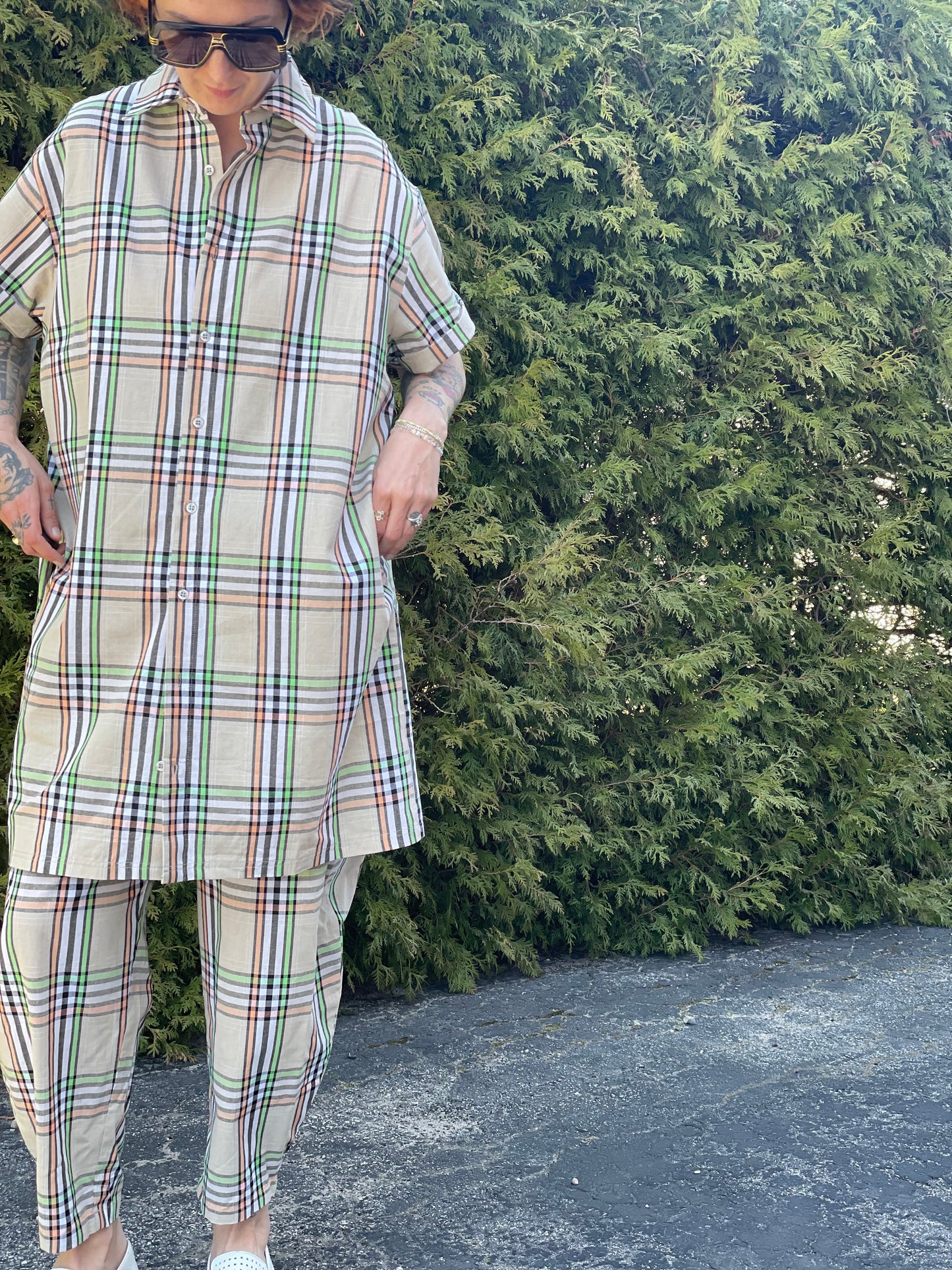 Short Sleeve Shirt Dress - Plaid