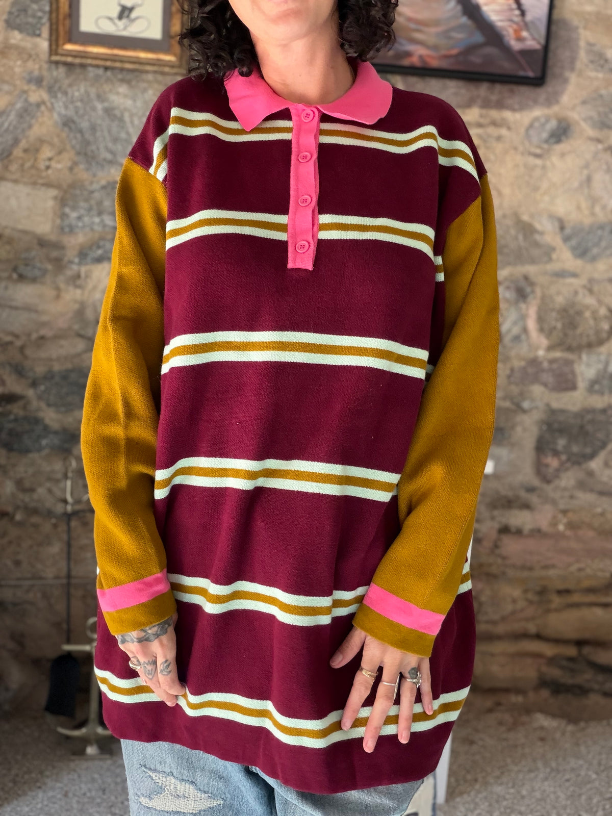 BURGUNDY AND PINK MINI DRESS - SIZE ONE