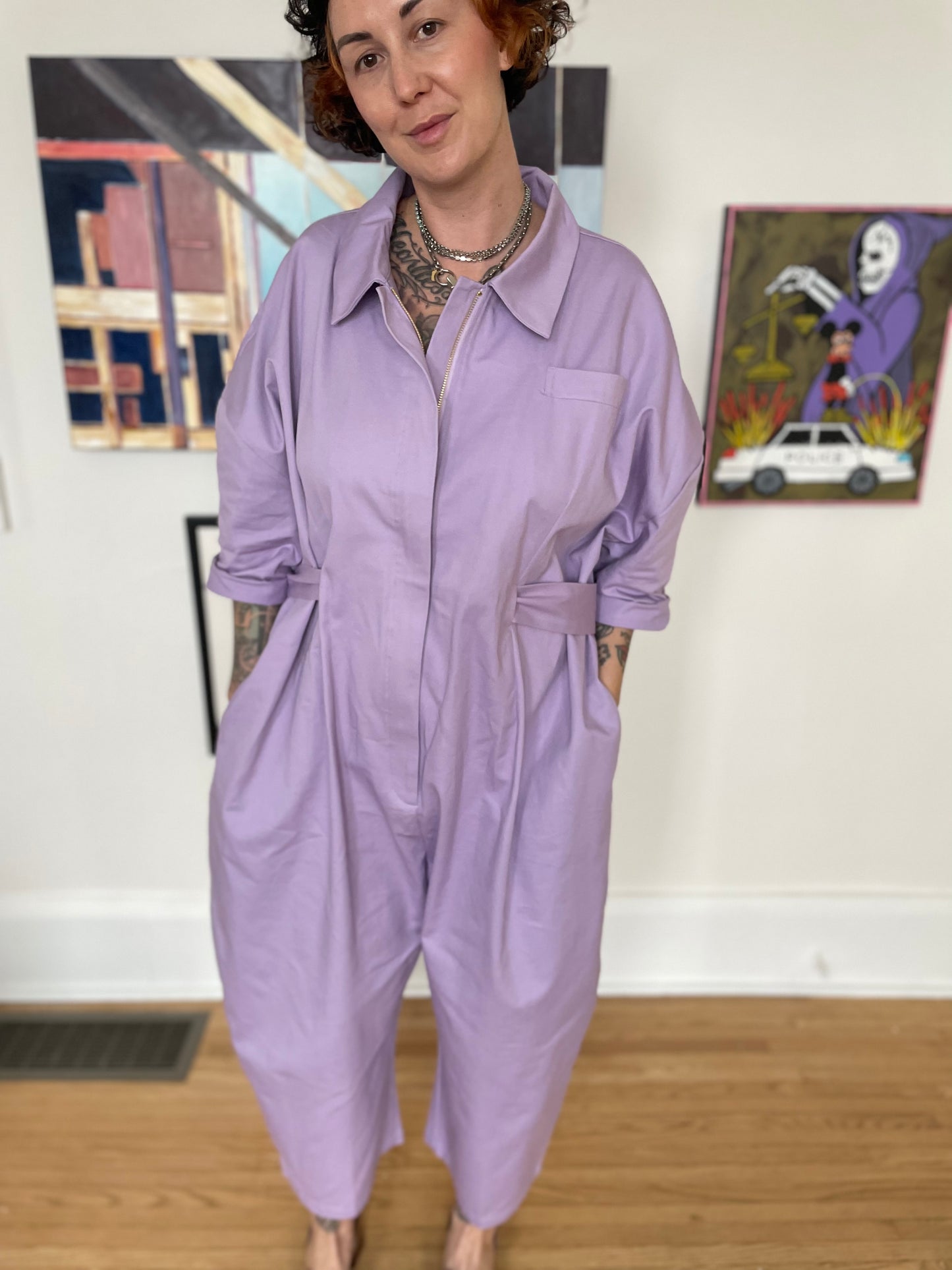 Belted Square Jumpsuit - Lilac
